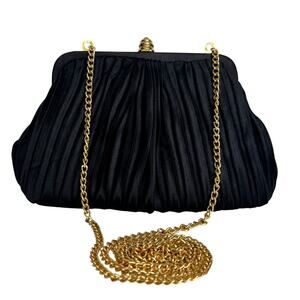 Vintage 1990s Sasha New York Black Pleated Satin Convertible Evening Clutch Bag